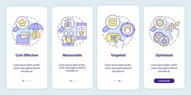Digital advertising benefits onboarding mobile app screen. Promotion walkthrough 4 steps editable graphic instructions with linear concepts. UI, UX, GUI template. Myriad Pro-Bold, Regular fonts used