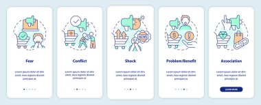 Business techniques onboarding mobile app screen. Emotional appeal walkthrough 5 steps editable graphic instructions with linear concepts. UI, UX, GUI template. Myriad Pro-Bold, Regular fonts used