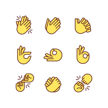 Gestures and communication pixel perfect RGB color icons set. Non verbal signals. Body expression. Isolated vector illustrations. Simple filled line drawings collection. Editable stroke