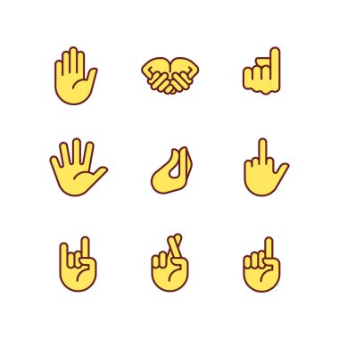 Gestures expression pixel perfect RGB color icons set. Non verbal communication. System of visual symbols. Isolated vector illustrations. Simple filled line drawings collection. Editable stroke
