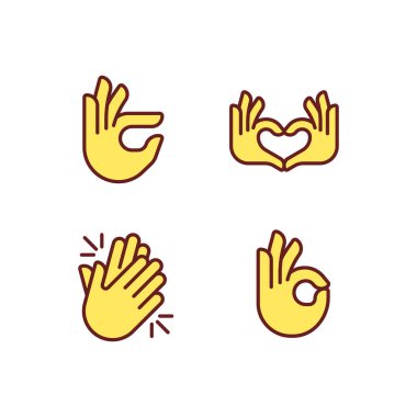 Body language signals pixel perfect RGB color icons set. Hands gestures to express emotions. Communication. Isolated vector illustrations. Simple filled line drawings collection. Editable stroke
