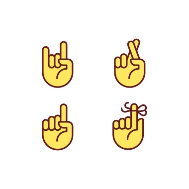 Informative hand gestures pixel perfect RGB color icons set. Non verbal message. Body language signals. Isolated vector illustrations. Simple filled line drawings collection. Editable stroke