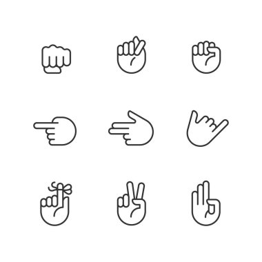 Visual messages by hands pixel perfect linear icons set. Traditional gestures. Body language information. Customizable thin line symbols. Isolated vector outline illustrations. Editable stroke