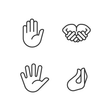 Conveying information by gestures pixel perfect linear icons set. Communication system. Hand positions. Customizable thin line symbols. Isolated vector outline illustrations. Editable stroke