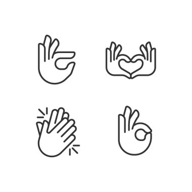 Body language signals pixel perfect linear icons set. Hands gestures to express emotions. Communication. Customizable thin line symbols. Isolated vector outline illustrations. Editable stroke