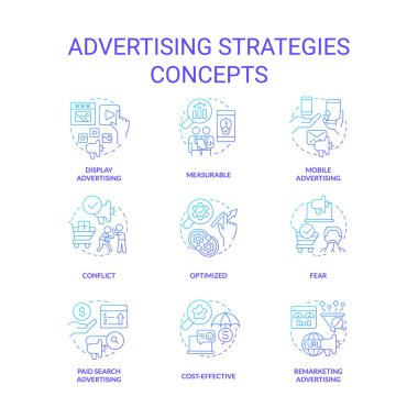 Advertising strategies blue gradient concept icons set. Marketing campaign idea thin line color illustrations. Mobile and display ads. Isolated symbols. Roboto-Medium, Myriad Pro-Bold fonts used