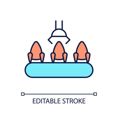 Assembly line with spacecrafts RGB color icon. Mass production. Rocket manufacturing. Develop technologies. Isolated vector illustration. Simple filled line drawing. Editable stroke. Arial font used