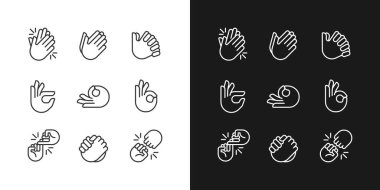 Gestures and communication pixel perfect white linear icon for dark themes set for dark, light mode. Non verbal signals. Thin line symbols for night, day theme. Isolated illustrations. Editable stroke