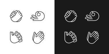 Gestures communication pixel perfect white linear icon for dark themes set for dark, light mode. Hand position signals. Thin line symbols for night, day theme. Isolated illustrations. Editable stroke