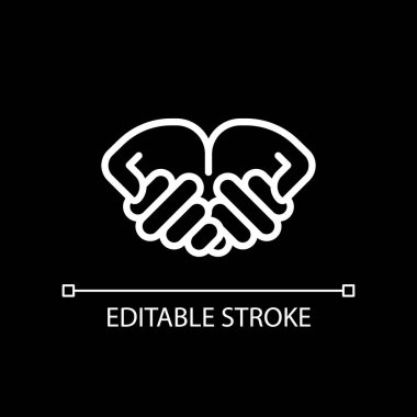 Begging hands pixel perfect white linear icon for dark theme. Asking for help. Body language. Communication. Thin line illustration. Isolated symbol for night mode. Editable stroke. Arial font used