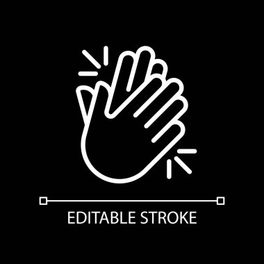 Clapping hands pixel perfect white linear icon for dark theme. Applause and greeting. Non verbal signal. Thin line illustration. Isolated symbol for night mode. Editable stroke. Arial font used