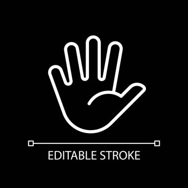 Hand with splayed fingers pixel perfect white linear icon for dark theme. Communication. Body language. Thin line illustration. Isolated symbol for night mode. Editable stroke. Arial font used