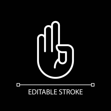 Counting on fingers pixel perfect white linear icon for dark theme. Mathematical learning. Hand gesture. Thin line illustration. Isolated symbol for night mode. Editable stroke. Arial font used