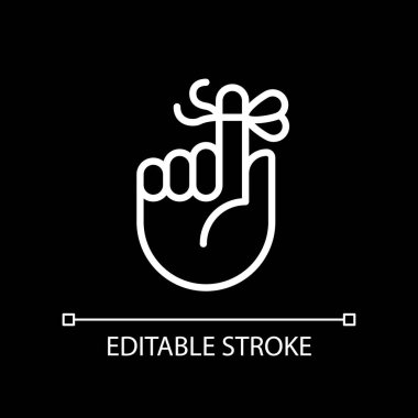 Knot on finger for memory pixel perfect white linear icon for dark theme. Rope tied around pointer. Thin line illustration. Isolated symbol for night mode. Editable stroke. Arial font used