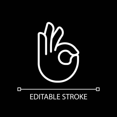 OK gesture pixel perfect white linear icon for dark theme. Agreement sign. Approvement symbol. Body language. Thin line illustration. Isolated symbol for night mode. Editable stroke. Arial font used