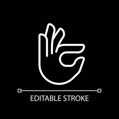 Fingers holding small item pixel perfect white linear icon for dark theme. Hand gesture. Interaction sign. Thin line illustration. Isolated symbol for night mode. Editable stroke. Arial font used