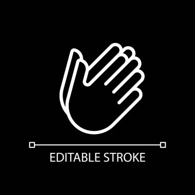 Hand holding something pixel perfect white linear icon for dark theme. Space between palms. Gesture language. Thin line illustration. Isolated symbol for night mode. Editable stroke. Arial font used