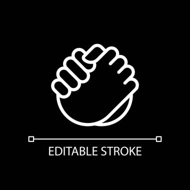 Friendly handshake pixel perfect white linear icon for dark theme. Joining hands. Buddies greeting gesture. Thin line illustration. Isolated symbol for night mode. Editable stroke. Arial font used