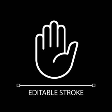 Stop gesture pixel perfect white linear icon for dark theme. Prohibition and restriction. Body language. Thin line illustration. Isolated symbol for night mode. Editable stroke. Arial font used