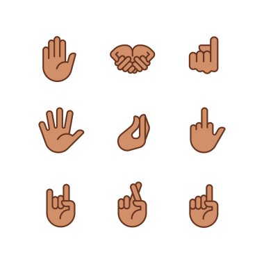 Gestures expression pixel perfect RGB color icons set. Non verbal communication. System of visual symbols. Isolated vector illustrations. Simple filled line drawings collection. Editable stroke