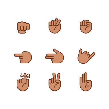 Visual messages by hands pixel perfect RGB color icons set. Traditional gestures. Body language information. Isolated vector illustrations. Simple filled line drawings collection. Editable stroke