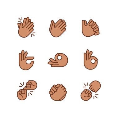 Gestures and communication pixel perfect RGB color icons set. Non verbal signals. Body expression. Isolated vector illustrations. Simple filled line drawings collection. Editable stroke