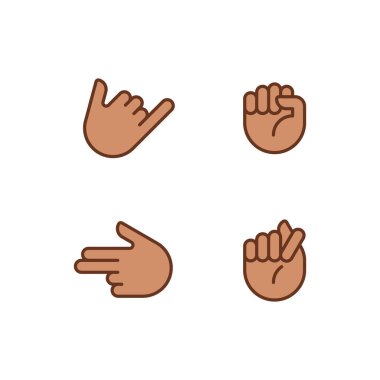 Friendly and aggressive gestures pixel perfect RGB color icons set. Hand positions. Body language. Isolated vector illustrations. Simple filled line drawings collection. Editable stroke