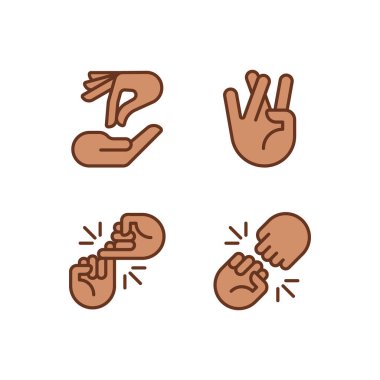 Using gestures for communication pixel perfect RGB color icons set. Interaction and expression. Hands position. Isolated vector illustrations. Simple filled line drawings collection. Editable stroke