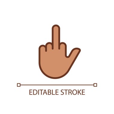 Middle finger pixel perfect RGB color icon. Obscene hand gesture. Offensive non verbal message. Isolated vector illustration. Simple filled line drawing. Editable stroke. Arial font used