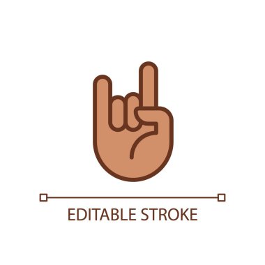 Horn gesture pixel perfect RGB color icon. Punk subculture symbol. Expression. Body language. Isolated vector illustration. Simple filled line drawing. Editable stroke. Arial font used