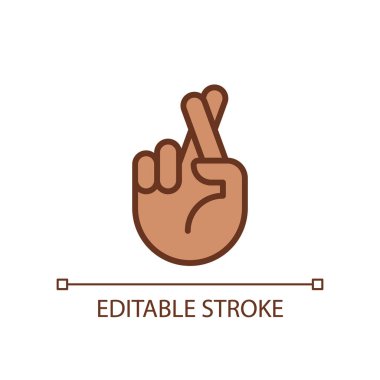 Crossed fingers pixel perfect RGB color icon. Wishing and hope. Hand gesture. Superstitions. Isolated vector illustration. Simple filled line drawing. Editable stroke. Arial font used