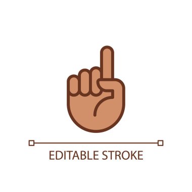 Attention sign pixel perfect RGB color icon. Raised up index finger. Informative hand gesture. Isolated vector illustration. Simple filled line drawing. Editable stroke. Arial font used