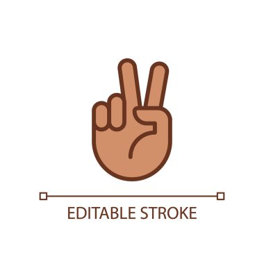 Peace sign pixel perfect RGB color icon. Pacifistic hand gesture. Positive wish. Communication. Isolated vector illustration. Simple filled line drawing. Editable stroke. Arial font used