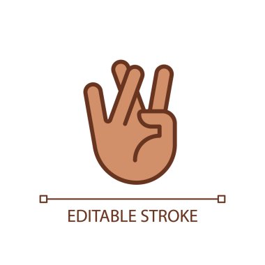 Praying for good luck pixel perfect RGB color icon. Crossed ring and middle fingers. Hand gesture. Isolated vector illustration. Simple filled line drawing. Editable stroke. Arial font used