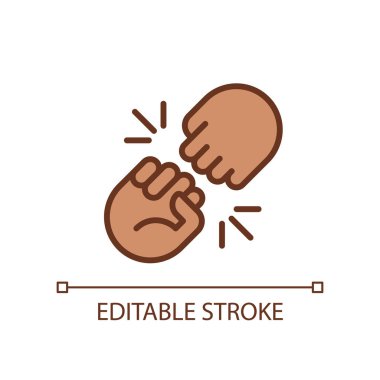 Fist bump pixel perfect RGB color icon. Funny greeting gesture. Communication. Body language. Isolated vector illustration. Simple filled line drawing. Editable stroke. Arial font used