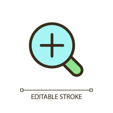 Magnifier and plus pixel perfect RGB color ui icon. Image enlargement. Simple filled line element. GUI, UX design for mobile app. Vector isolated pictogram. Editable stroke. Arial font used