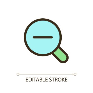 Magnifier and minus pixel perfect RGB color ui icon. Image downsizing. Simple filled line element. GUI, UX design for mobile app. Vector isolated pictogram. Editable stroke. Arial font used