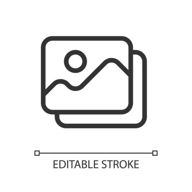 Set of pictures pixel perfect linear ui icon. Digital photo library. Multimedia management. GUI, UX design. Outline isolated user interface element for app and web. Editable stroke. Arial font used