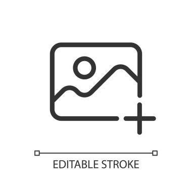 Add picture pixel perfect linear ui icon. Upload image. Digital photos. Content management. GUI, UX design. Outline isolated user interface element for app and web. Editable stroke. Arial font used