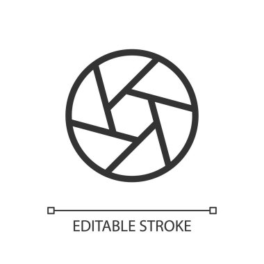 Camera diaphragm pixel perfect linear ui icon. Optical mechanism. Objective glass detail. GUI, UX design. Outline isolated user interface element for app and web. Editable stroke. Arial font used