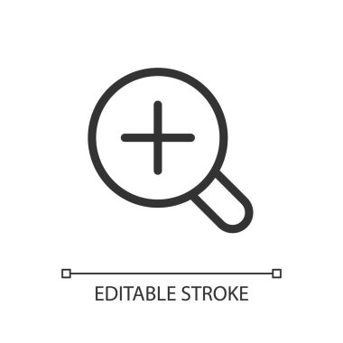 Magnifier and plus pixel perfect linear ui icon. Image enlargement. Photo editor instrument. GUI, UX design. Outline isolated user interface element for app and web. Editable stroke. Arial font used