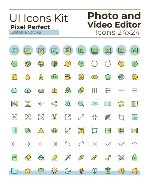 Photo Video Editor Tools Pixel Perfect Rgb Color Icons Set — Vector de stock