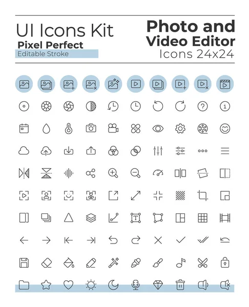 Photo Video Editor Tools Pixel Perfect Linear Icons Set Multimedia — Vector de stock