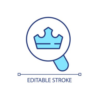 View on crown through magnifying glass RGB color icon. Study achievements. Royal accessories study. Isolated vector illustration. Simple filled line drawing. Editable stroke. Arial font used