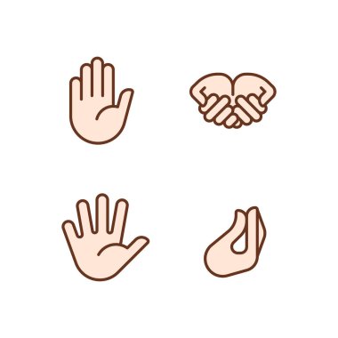Conveying information by gestures pixel perfect RGB color icons set. Communication system. Hand positions. Isolated vector illustrations. Simple filled line drawings collection. Editable stroke