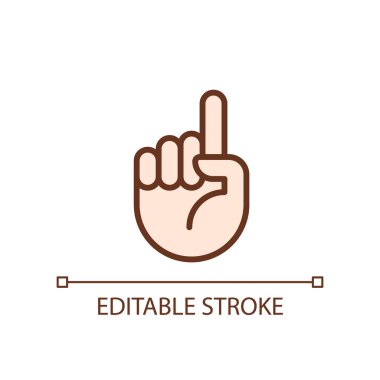 Attention sign pixel perfect RGB color icon. Raised up index finger. Informative hand gesture. Isolated vector illustration. Simple filled line drawing. Editable stroke. Arial font used