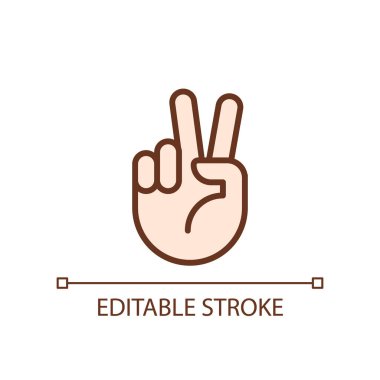 Peace sign pixel perfect RGB color icon. Pacifistic hand gesture. Positive wish. Communication. Isolated vector illustration. Simple filled line drawing. Editable stroke. Arial font used