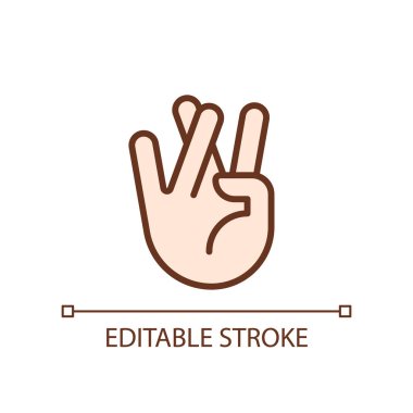 Praying for good luck pixel perfect RGB color icon. Crossed ring and middle fingers. Hand gesture. Isolated vector illustration. Simple filled line drawing. Editable stroke. Arial font used