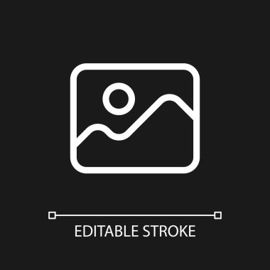 Image pixel perfect white linear ui icon for dark theme. Visual content. Digital photo gallery. Vector line pictogram. Isolated user interface symbol for night mode. Editable stroke. Arial font used