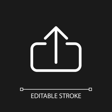 Upload file pixel perfect white linear ui icon for dark theme. Digital transmission via internet. Vector line pictogram. Isolated user interface symbol for night mode. Editable stroke. Arial font used